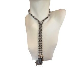 VTG Adjustable Slide Rope Necklace Chain Tassels Silver Tone Lariat Estate ~30"L